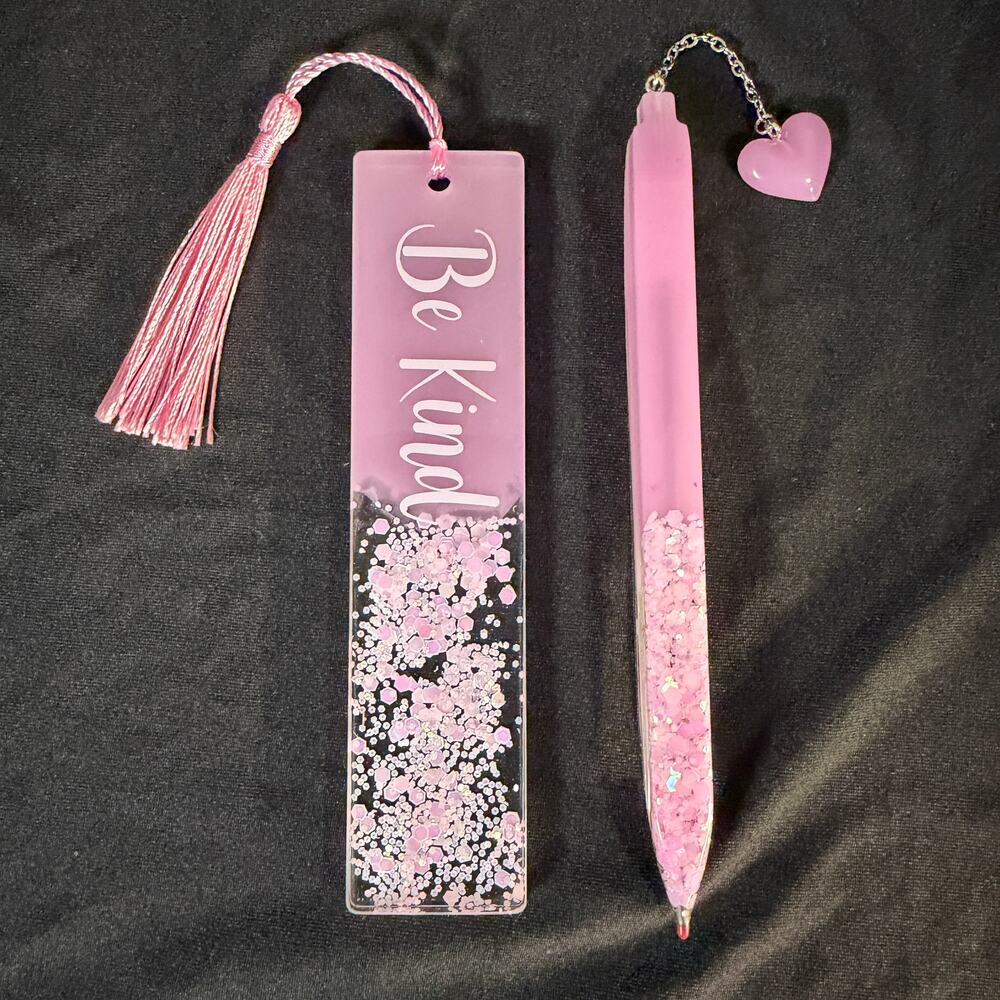 Pink Sparkle Be Kind Resin Bookmark & Pen Gift Set